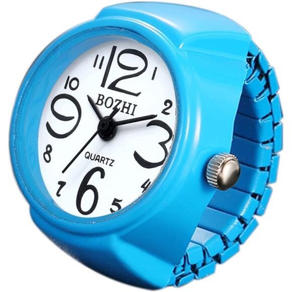 Bright Blue Round Face Watch Ring – Fun and Functional Finger Timepiece Classic - Picture 1 of 6